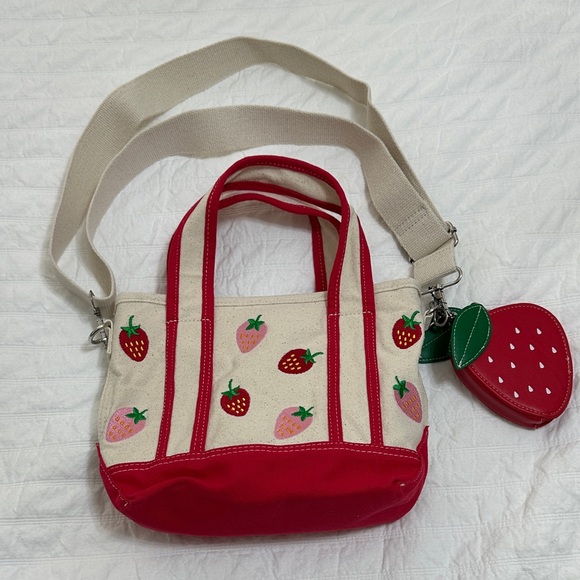 Strawberry Print Canvas Tote - Red and Cream - Picture 1 of 4